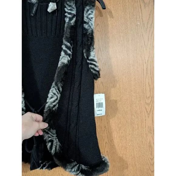 New Directions Black Cable Knit w/ Faux Fur Trim - Large *NWT $46* - Picture 2 of 9